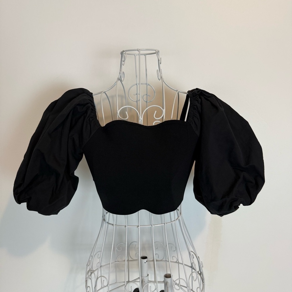 Zara heart Puff Sleeve Crop Top black viscose blend size S stretchy